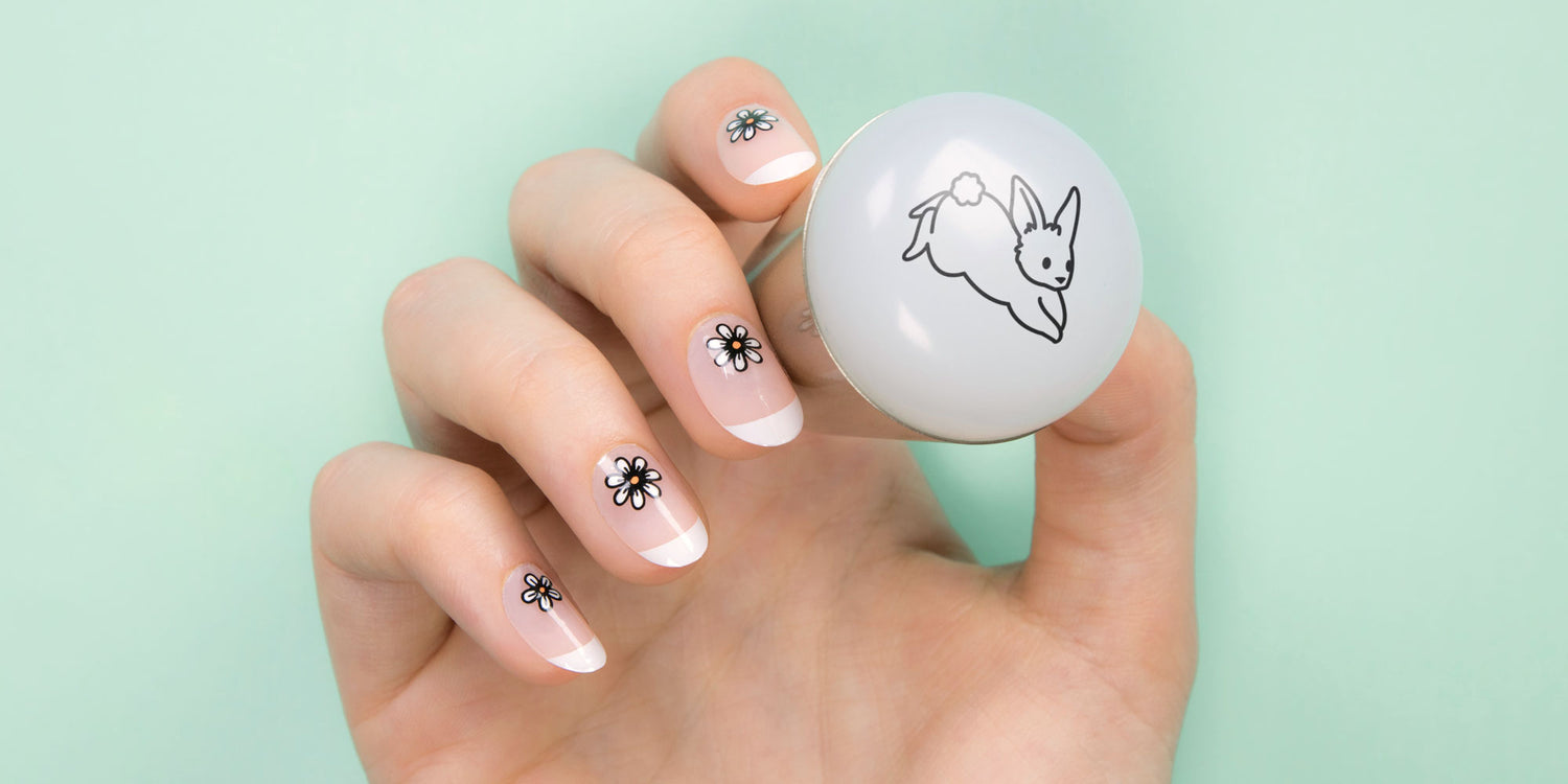 Easter floral manicure with rabbit stamp.