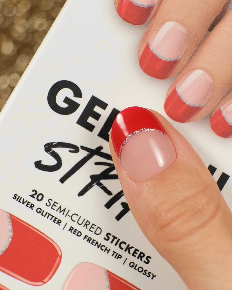 Red & Silver Glittery French Tips Gel Nail Strips | MoYou London